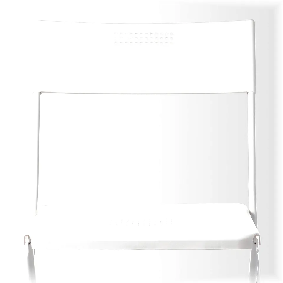 White foldable chair, sleek design, durable material. Ideal for small spaces.