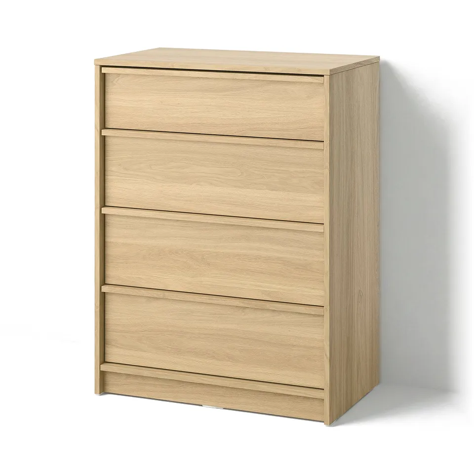 An ANKARUDDEN light oak chest of drawers with four drawers. Its minimalist scandinavian design provides ample storage with integrated handles.