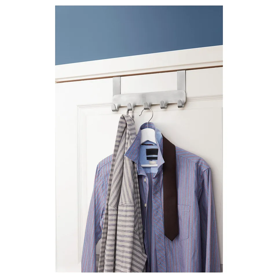 Stainless steel over-door hooks, white & grey striped shirt, blue & white striped shirt.