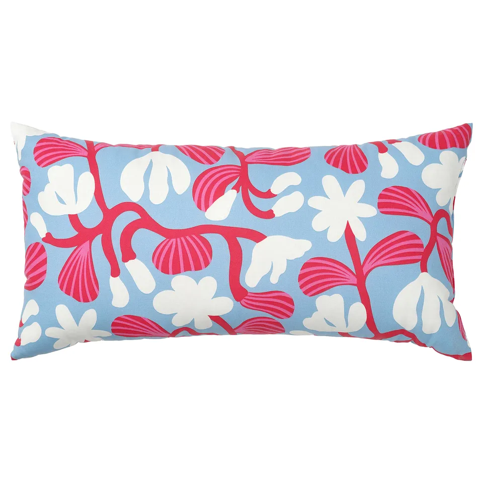 Bright blue and red floral-patterned rectangular pillow.