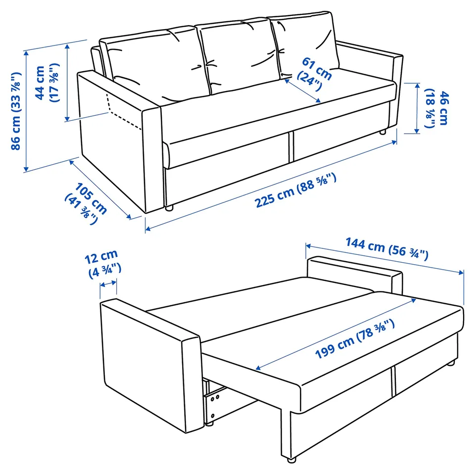 Illustration with measurements for the product: FRIHETEN.