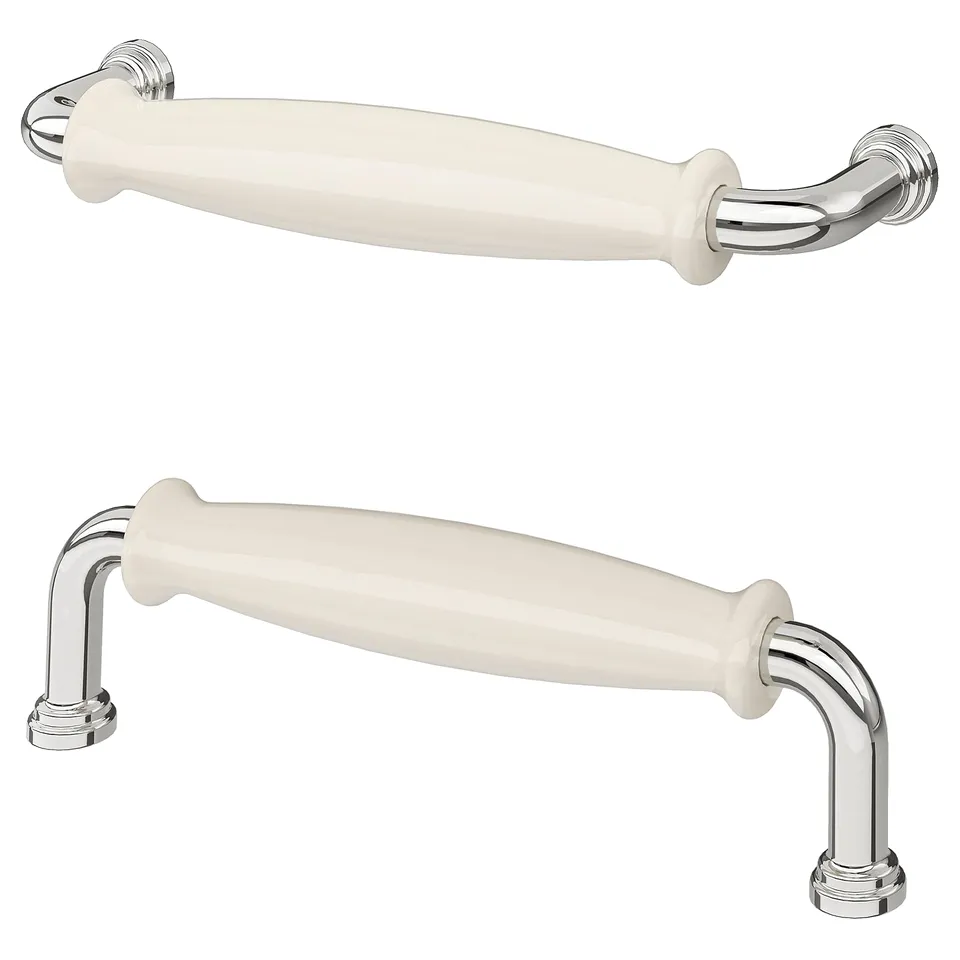 Two white porcelain-style handles with chrome accents, one horizontal and one vertical, suitable for cabinetry.
