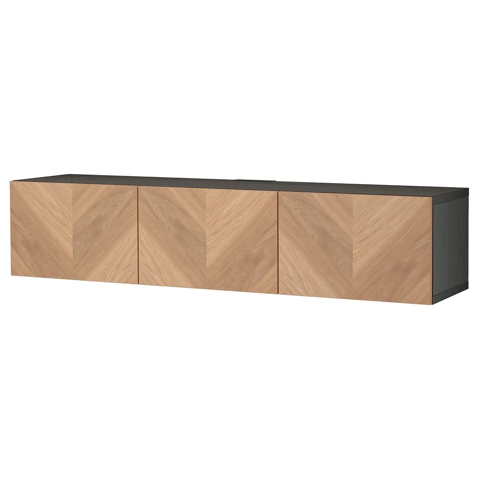 Modern BESTÅ tv bench with three wooden doors, black top, wall-mounted, minimalist design.