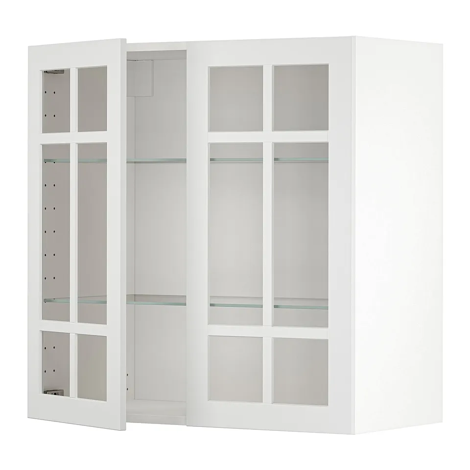 White METOD kitchen cabinet with glass doors, rectangular shape, modern design.