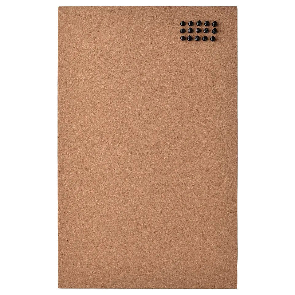 FLÖNSA cork memo board with 12 pins, wall-mountable. Brown, rectangular, natural cork surface, ideal for notes and photos.
