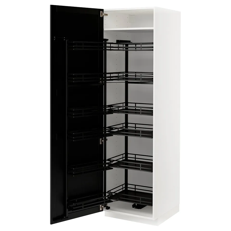 White METOD kitchen cabinet with black pull-out shelves, multiple storage levels, door slightly ajar.