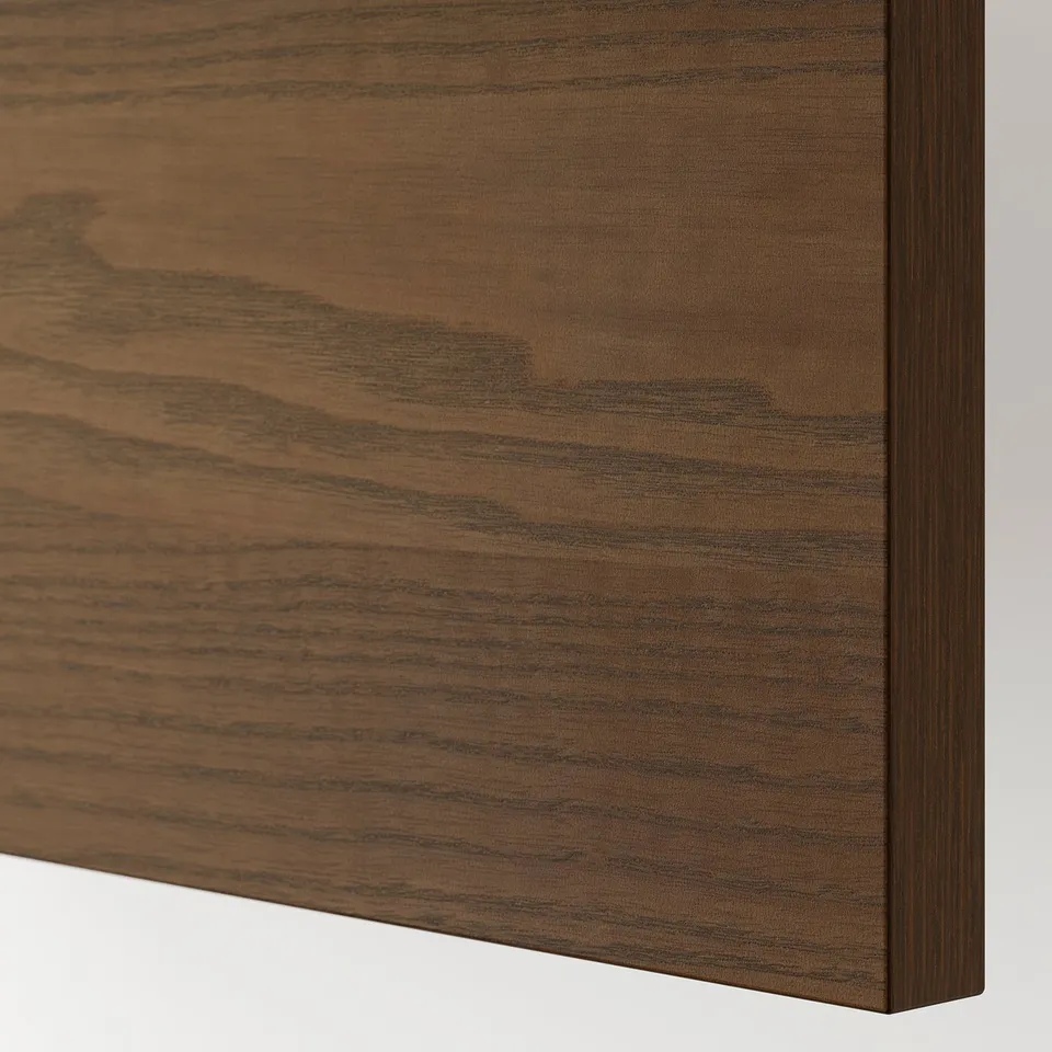 A close-up of a dark-brown stained wood surface with a smooth, polished finish.
