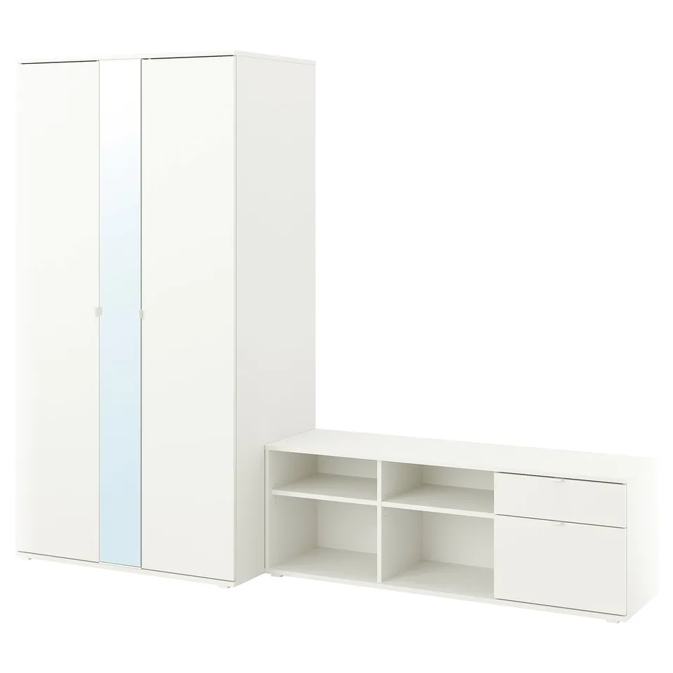 White VIHALS wardrobe with mirrored doors & tv stand with shelves & drawers, renewable materials.