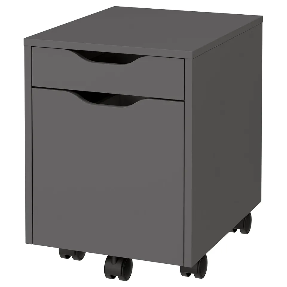 Grey mobile filing cabinet: 2 drawers, modern minimalist design, caster wheels for easy movement.