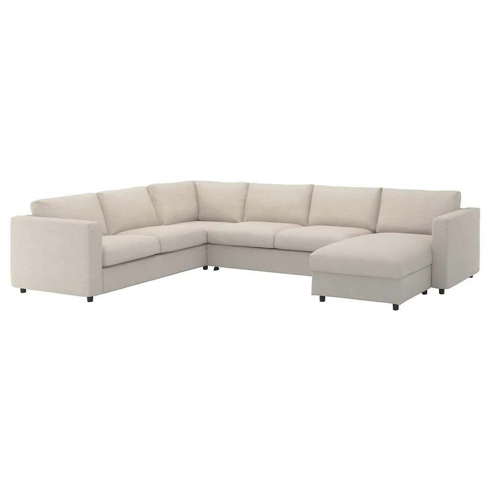 A light beige VIMLE sectional sofa with a chaise longue. Its modern, l-shaped, with removable and machine-washable fabric covers.