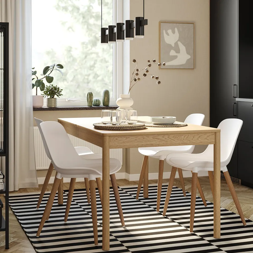 TONSTAD / GRÖNSTA Table and 4 chairs, oak veneer/white, 140/196x85 cm
