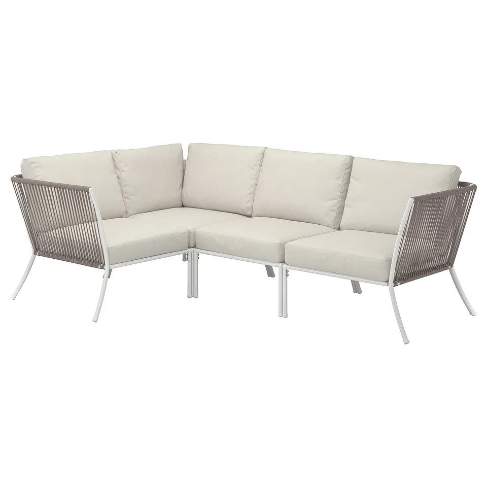 SEGERÖN corner sofa, light beige, wicker & metal, l-shaped, outdoor suitable.