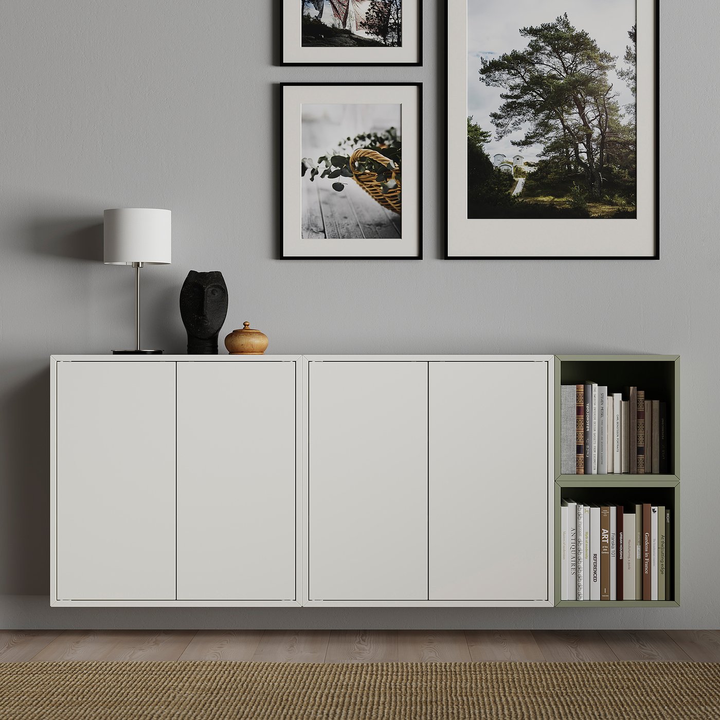 Modern living room with EKET storage, books, decor on grey walls.