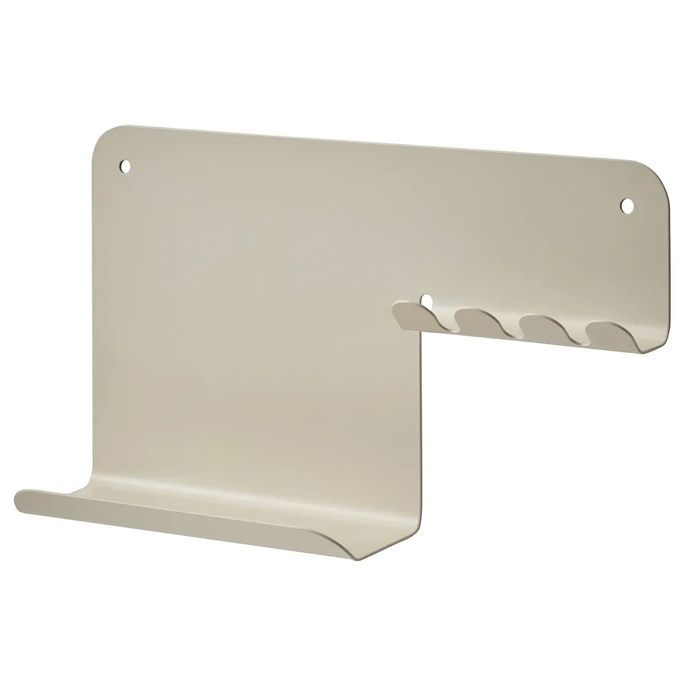A beige HAVREKROSS wall organiser with hooks and a small shelf, made of powder-coated steel.