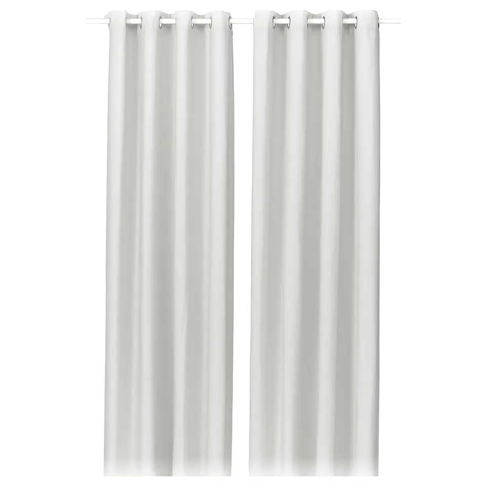 Two white curtains with eyelets, made from recycled polyester, hang straight and plain against a white background.