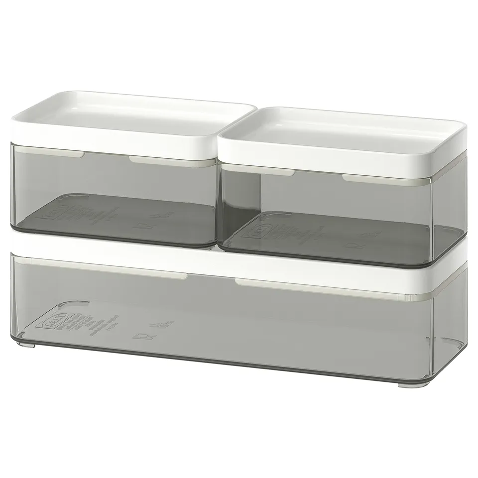 BROGRUND set: 3 stacked clear & grey plastic storage boxes; modern, rectangular design.