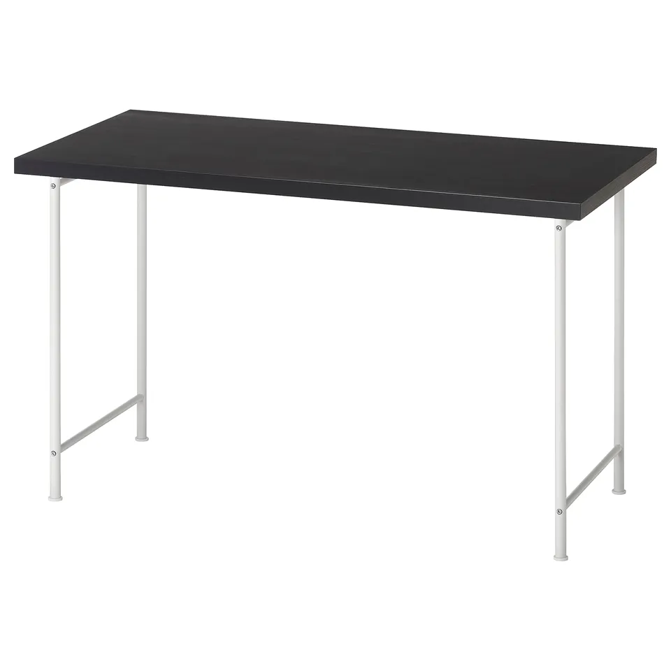 This image depicts a LAGKAPTEN desk with black tabletop and white metal legs, rectangular shape.