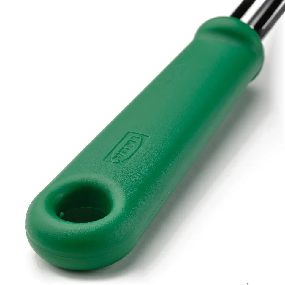 Green plastic-handled peeler with stainless steel blade, designed for easy use and cleaning.