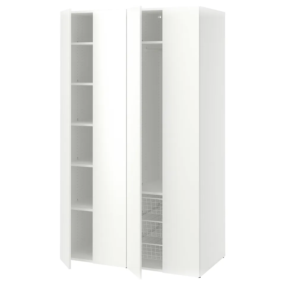 A white LASTARE wardrobe with adjustable feet, a shelf, and wire basket storage.