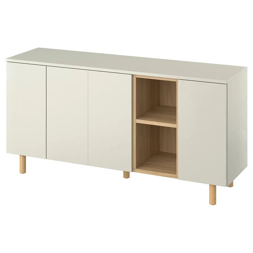 LEDAMOT cream cabinet, light wood legs, minimalist design, mix open & closed storage.
