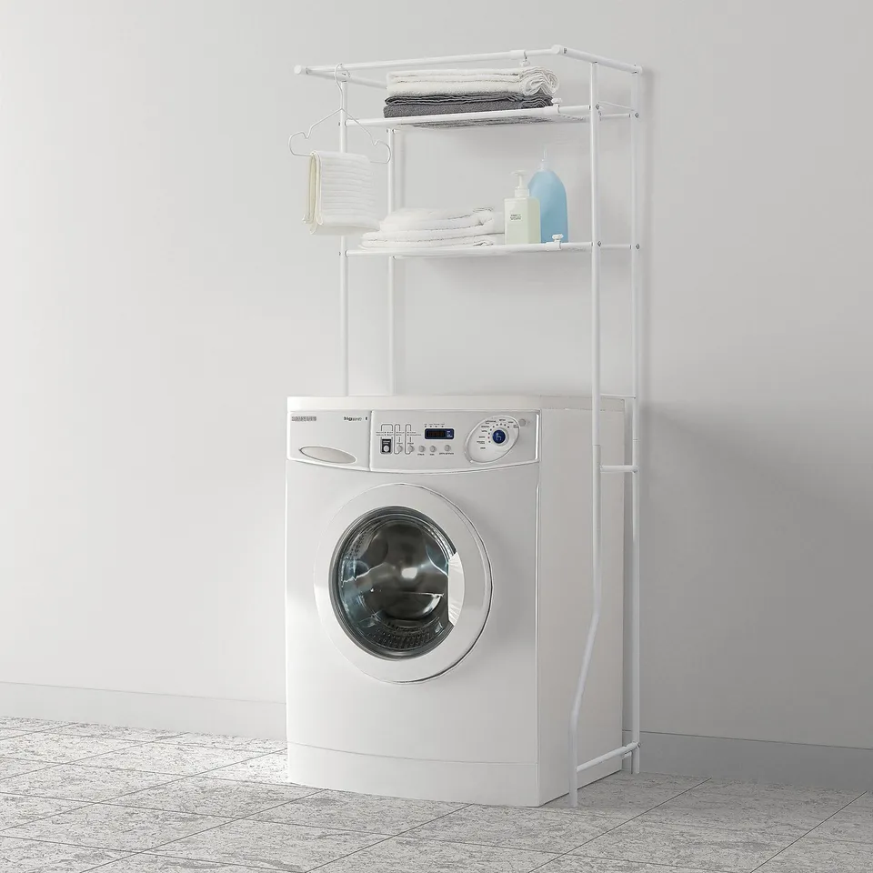 TORGNY white metal & plastic wall shelf over washing machine, perfect for laundry room storage.
