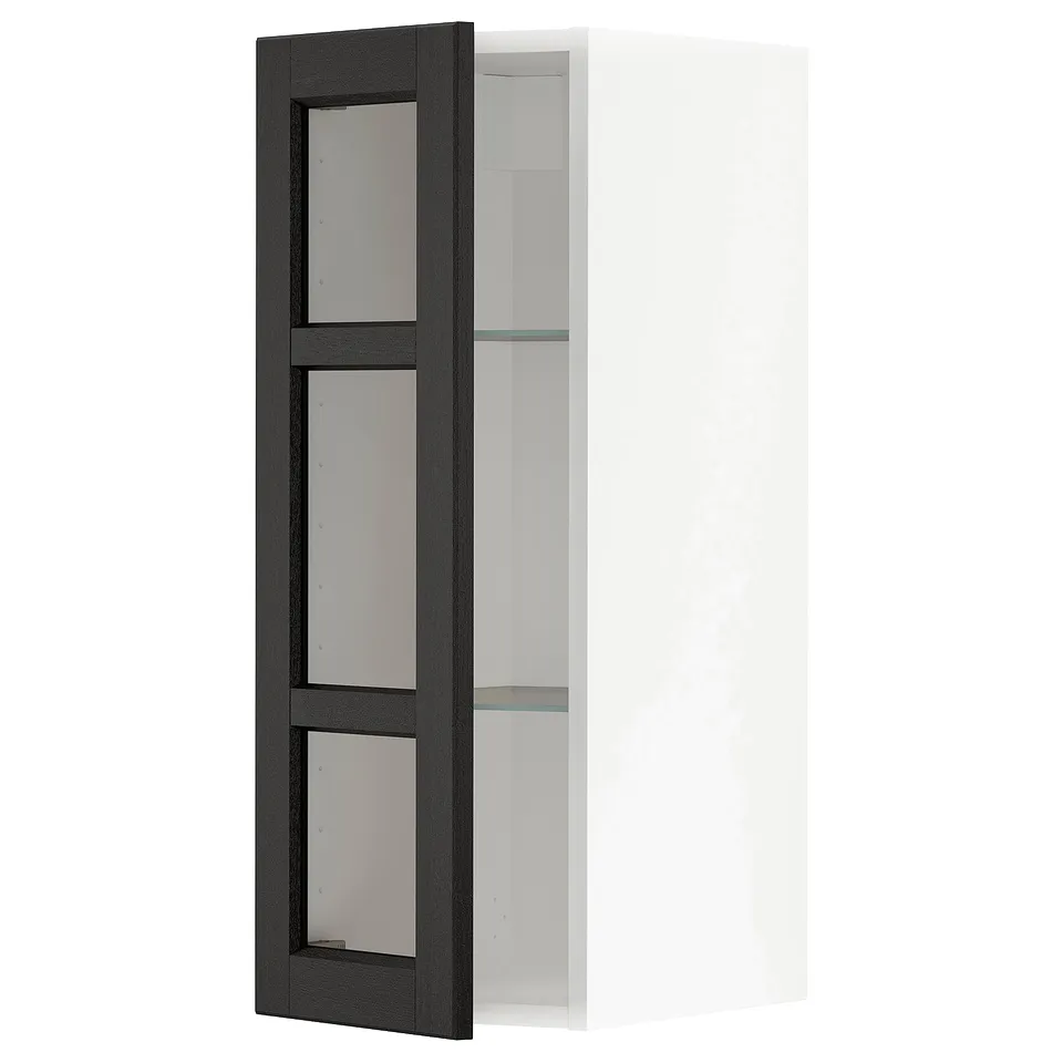 Black stained glass door cabinet, modern design, three square panes, slim shelves, sleek kitchen storage.