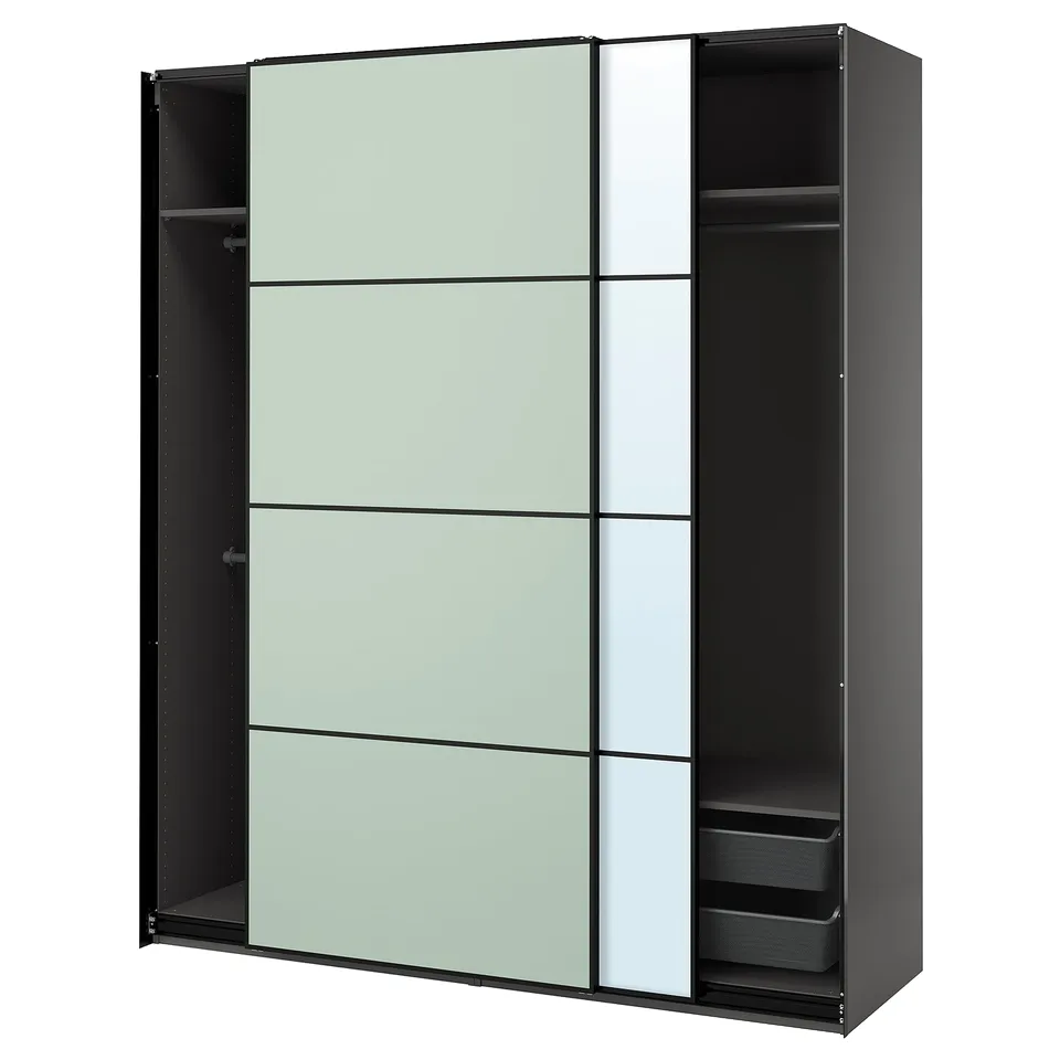 An ikea PAX wardrobe with mirrored sliding doors, black frame, and internal shelves.