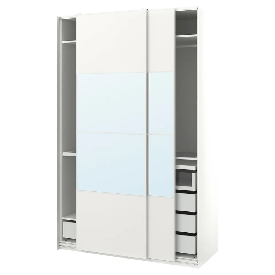 White PAX wardrobe with mirror and drawers.