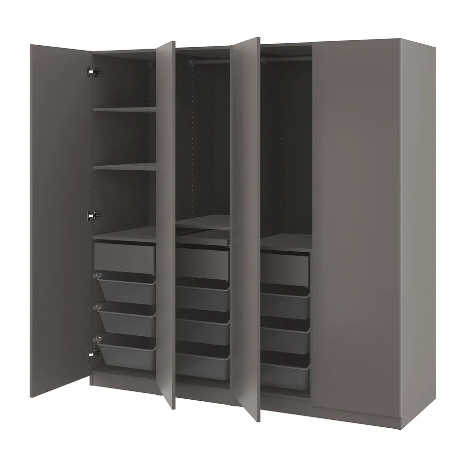 A grey PAX wardrobe with open doors, featuring shelves and mesh baskets for storage.