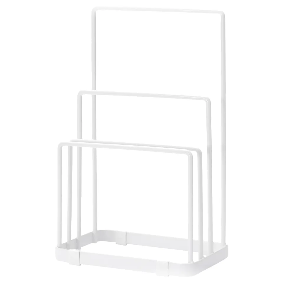 White BESTÅENDE chopping board holder, made of steel and plastic, simple rectangle design.
