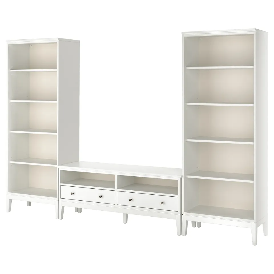 White IDANÄS bookcase and tv stand with clean lines, open shelves, adjustable storage, and solid wood feet.