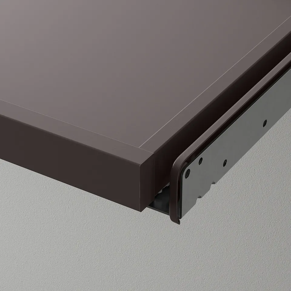 Dark wooden drawer with smooth finish, attached to wall with metal bracket.