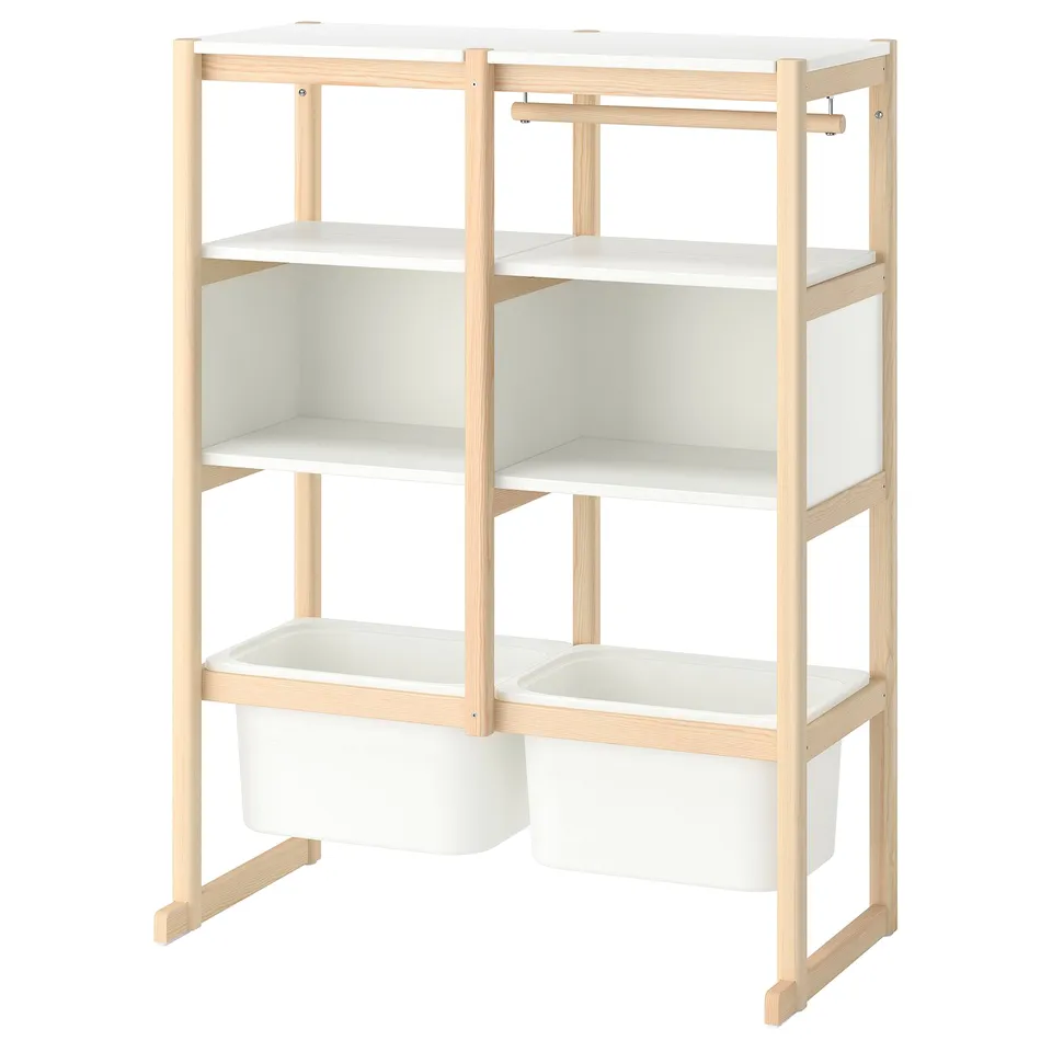 FLISAT: white wood toy storage, 3 shelves, 2 bins, light pine frame.