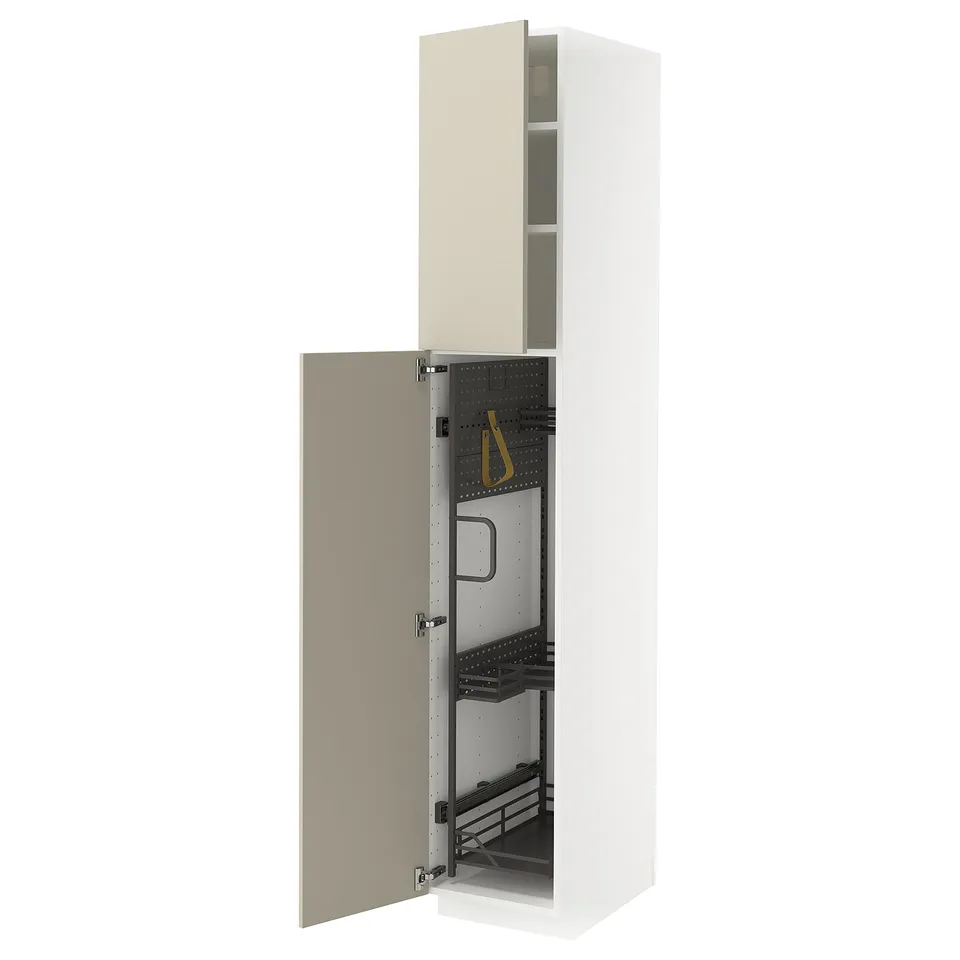 A white METOD tall kitchen cabinet with beige doors, open to reveal interior organisers.