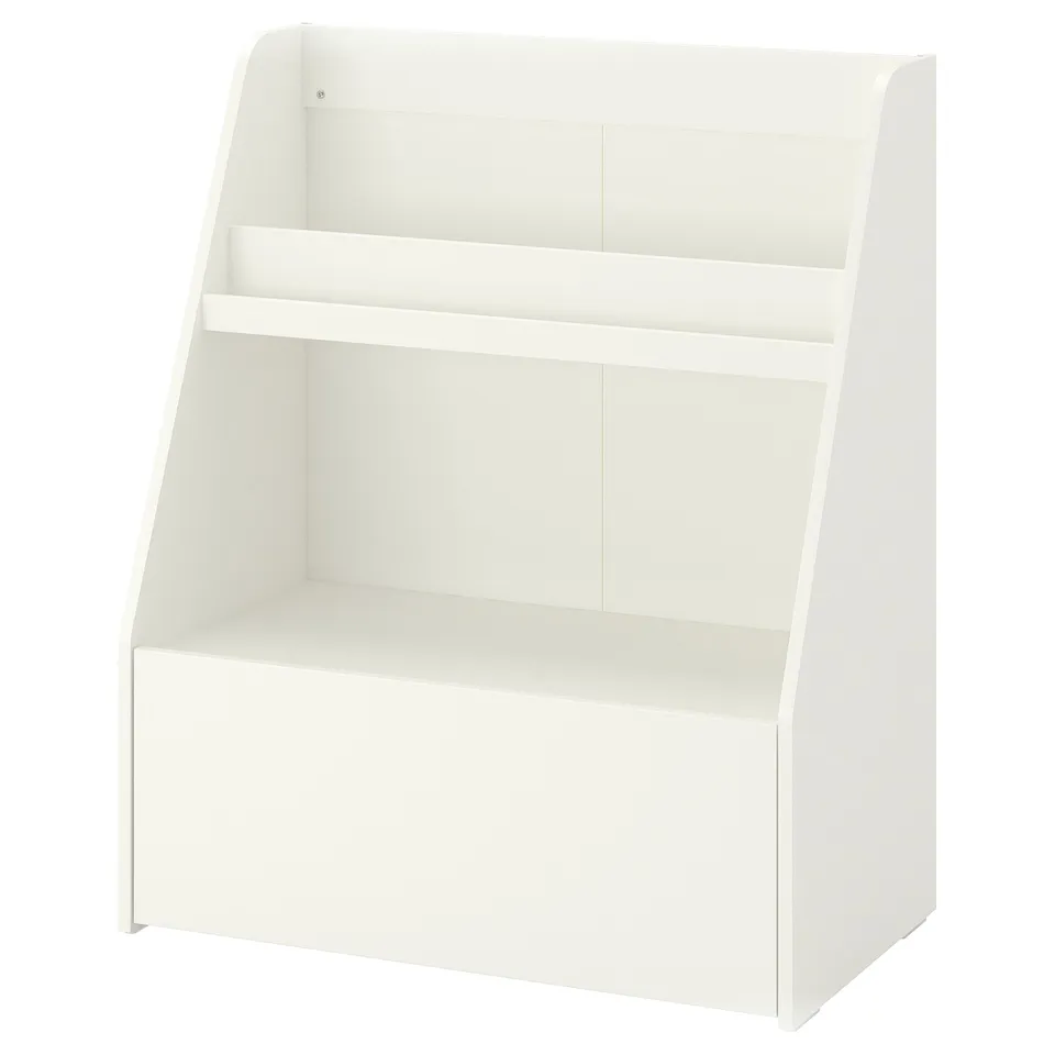 BERGIG white bookcase, 3 levels, open shelves, rounded corners, ideal for kids, minimalist design.