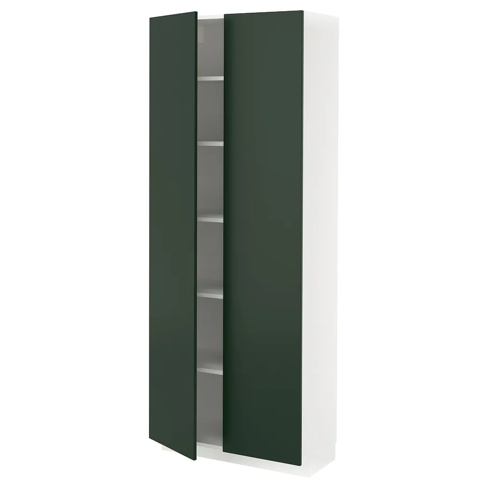 White and dark green cabinet with glass doors, modern design, tall and rectangular.