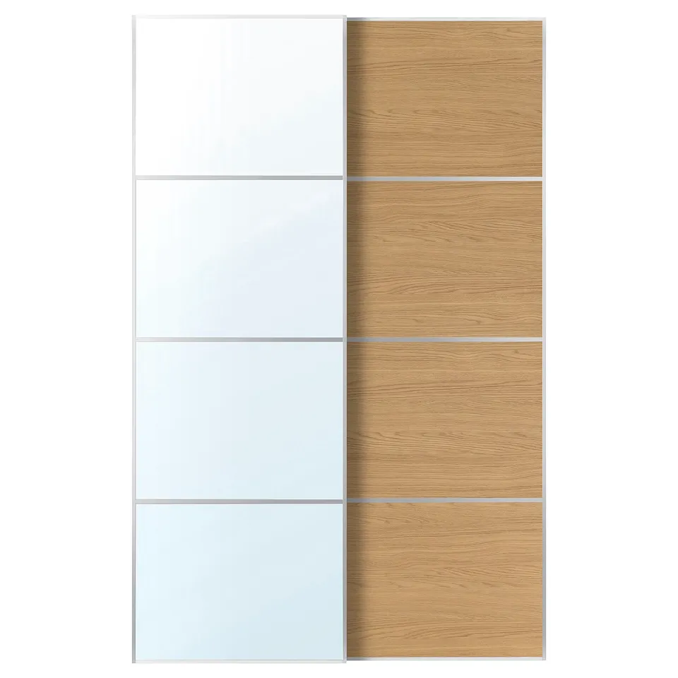 AULI / MEHAMN Pair of sliding doors, aluminium mirror glass/double sided oak effect, 150x236 cm