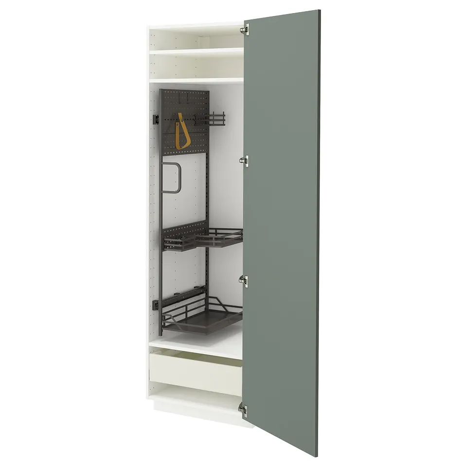 Modern grey-green cabinet with pull-out shelves and pegboard, part of METOD kitchen system.