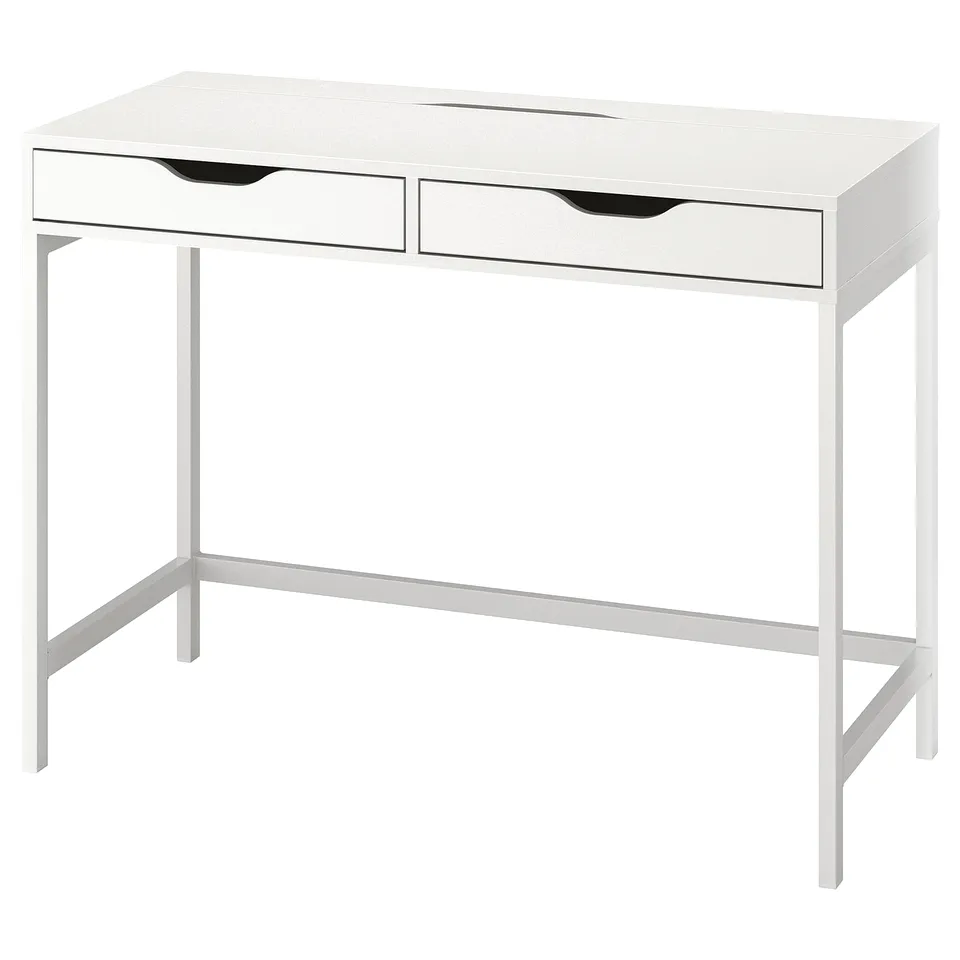 A white ALEX desk with two drawers and modern metal legs. A clean, minimalist design.