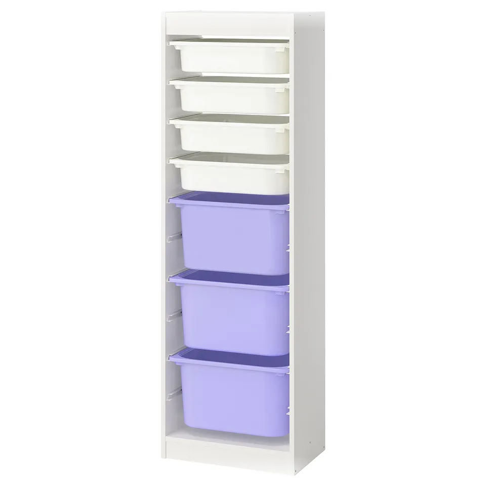 TROFAST storage unit with purple & clear bins for kids toys.