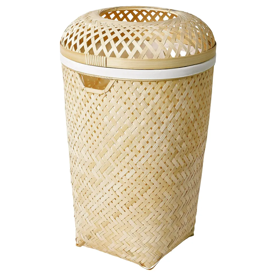 Wicker laundry hamper, beige, bamboo, woven, round top with handle.
