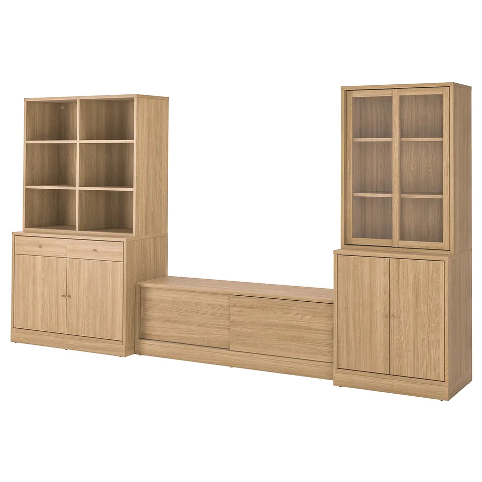 TONSTAD light wood storage set: two bookcases, cabinet, tv bench. Modern design, open & closed storage.