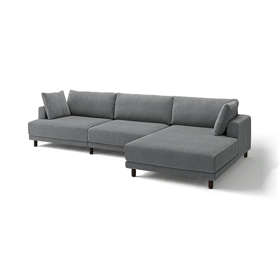 Grey UPPÅKRA sectional sofa with deep cushions and clean lines, featuring a soft fabric cover and wooden legs.
