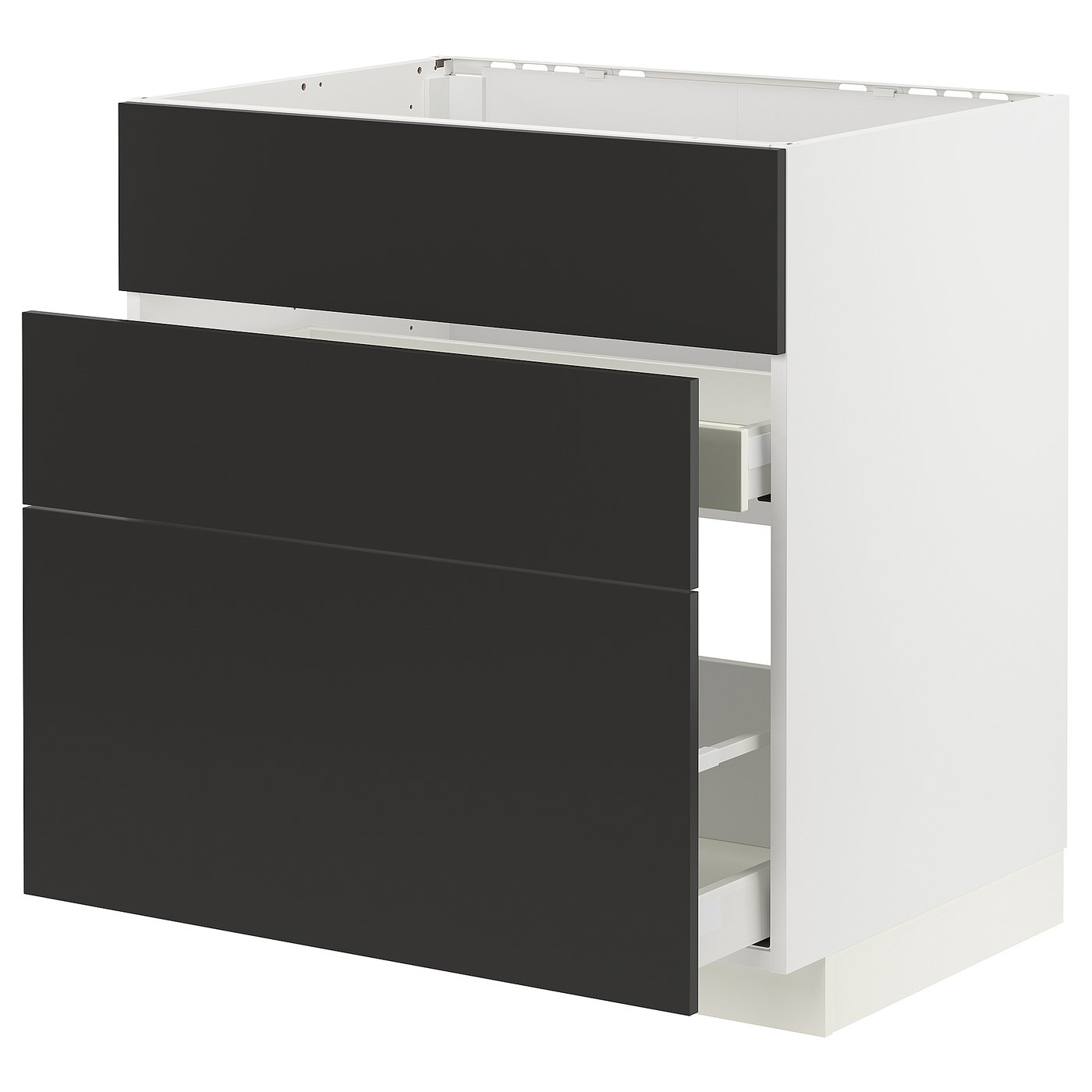 A modern black-and-white kitchen cabinet from IKEAs METOD line with black drawers and a white base.