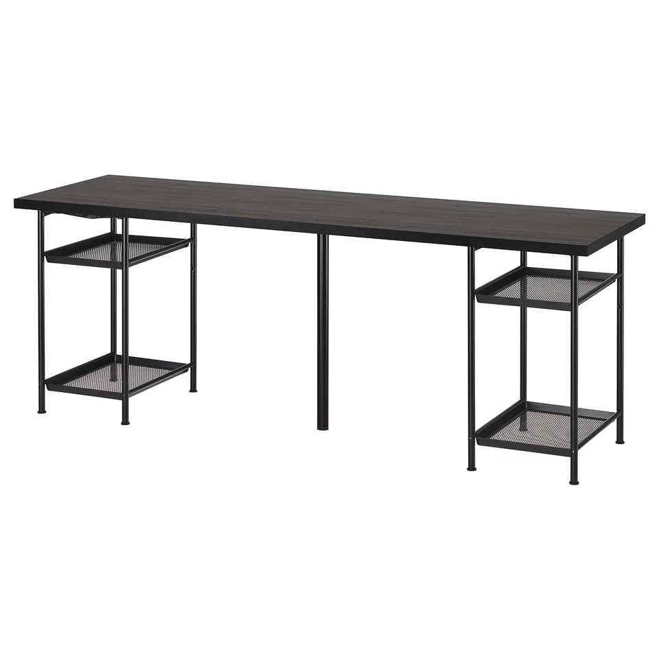 Black LAGKAPTEN desk with shelves. Rectangular shape, metal legs, wire shelves for storage. Minimalist design.