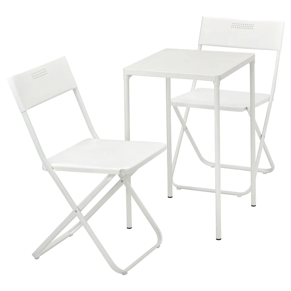 A white FEJAN outdoor furniture set, including one small white table and two matching chairs with perforated patterns and foldable metal frames.