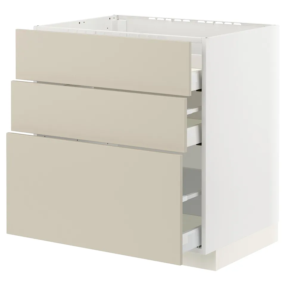 Depicts a beige METOD cabinet with three drawers, made from particleboard and fiberboard, featuring a smooth, clean design.