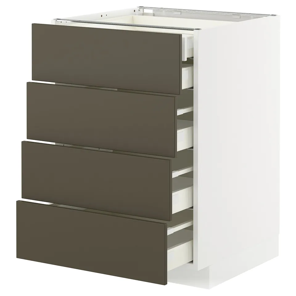 Modern kitchen unit with four dark brown drawers, sleek design.