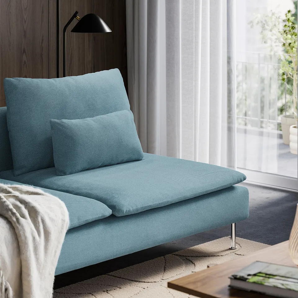 SÖDERHAMN blue sofa, deep seats, high legs, near window.