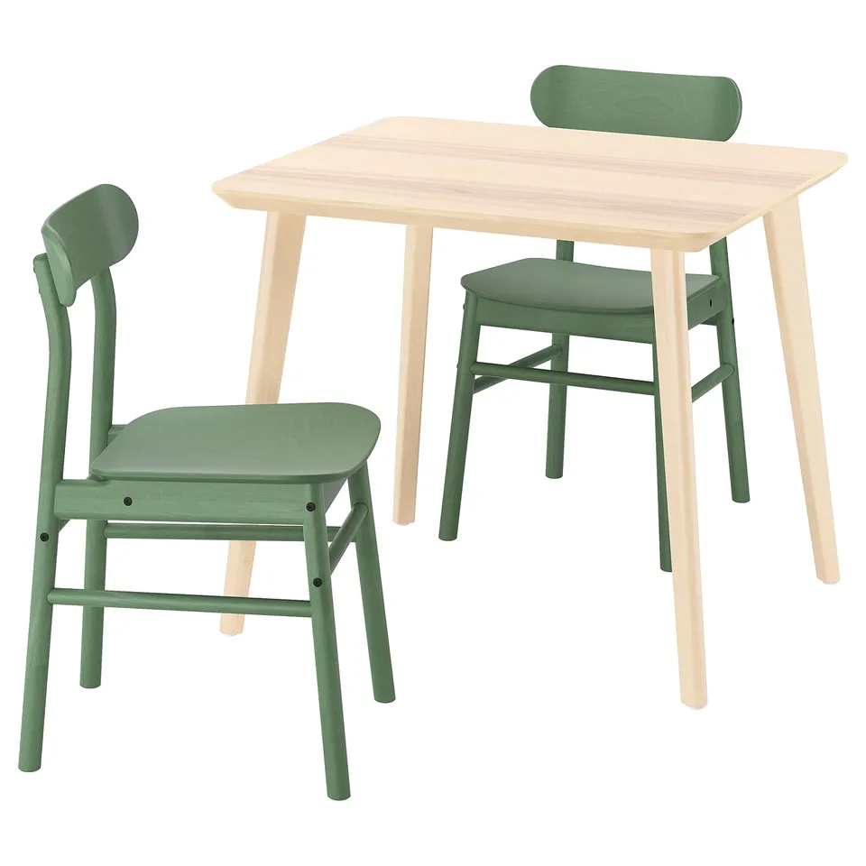 LISABO: compact dining set with light wood table and 2 green chairs, sleek and modern design.